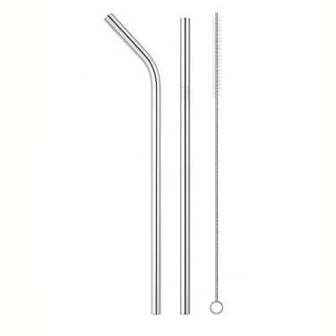 Imagem de Kit com 2 Canudos Reutilizáveis em Inox + Escova de Limpeza – Sustentável e Durável, Canudo Reto e Curvo, Livre de BPA, Higiênico, Multifuncional para Bebidas (24 cm)