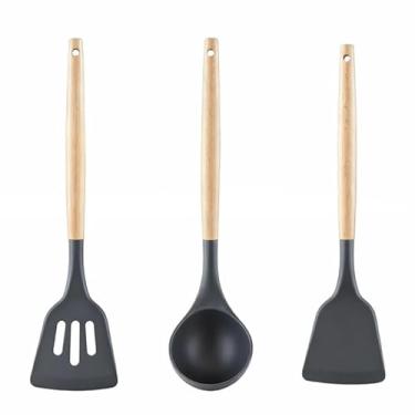 Imagem de Espátula de silicone com cabo de madeira, utensílios de cozinha antiaderentes grandes resistentes ao calor para cozinhar ovos e panquecas