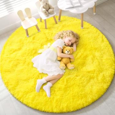 Imagem de EVOIONOS Tapete redondo amarelo para quarto, 1,2 x 1,2 m, tapetes macios e macios para sala de estar, tapete circular felpudo de pelúcia para piso interno, cabeceira, berçário, lavável na máquina