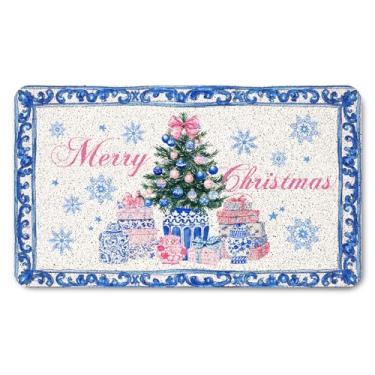 Imagem de LADOCK Chinoiserie Tapete de porta para árvore de Natal, entrada externa, laço rosa, azul, floco de neve, tapete de boas-vindas para porta da frente, capacho vintage de Feliz Natal para entrada