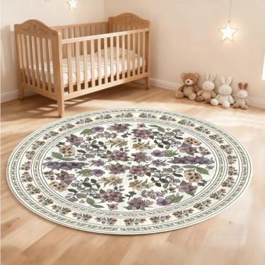 Imagem de Tapete redondo floral vintage de 1,2 m, pequeno, circular, lavável, tapete antiderrapante para quarto, quarto de crianças, escritório, entrada, faculdade, dormitório, banheiro, bege