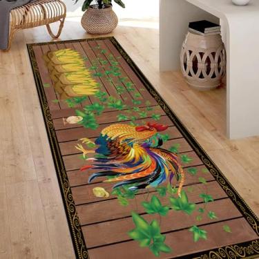 Imagem de Tapete de corredor de galo com desenho pintado de 0,8 x 2,4 m, vintage fazenda celeiro colorido galo longo lavável, retrô madeira folha de milho antiderrapante tapetes de cozinha para chão, tapete de
