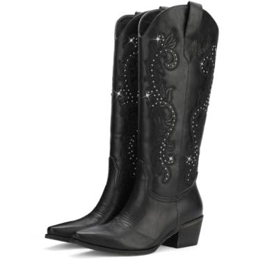 Imagem de ReneChristine Botas de cowboy femininas cano alto até o joelho com strass bordado requintado perfeitas para roupas de festa à noite preta tamanho 11