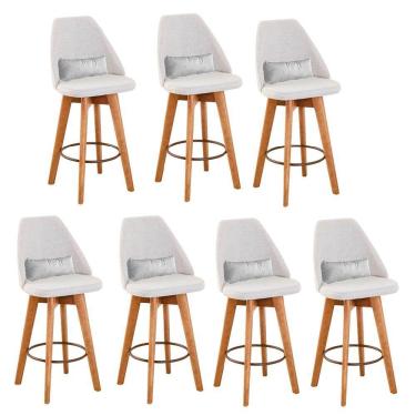 Imagem de Kit 07 Banquetas Alta Maya Giratória Com Encosto Linho Bege Claro e Almofada Corino Branco - Aurora Line