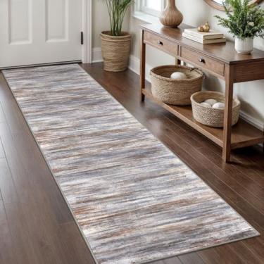 Imagem de KOZYFLY Tapete de corredor abstrato moderno, tapetes de cozinha de 5 x 20 cm, antiderrapante, lavável, macio, listrado, tapete de cozinha, cinza, marrom, para entrada, banheiro, lavanderia, hall de