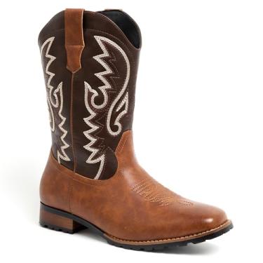 Imagem de Metrocharm Bota masculina caubói bordada, bico quadrado, WESTERN-03, Marrom/marrom escuro, 45