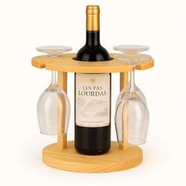Imagem de Porta Vinho, Adega Suporte de Taças e Vinho Ou Espumante para Mesa em Madeira Maciça de Pinus, 24×19cm(4 TAÇAS)