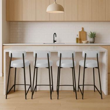 Imagem de Banqueta Cozinha Alta Com Encosto Industrial Preto Kit 4 Londres Pu Branco D03 - D`rossi