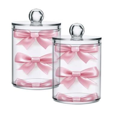 Imagem de ATTX Dispensador de suporte Qtip com laços de fita para bola de algodão, cotonete, frasco de boticário transparente, decoração de casa, pote de armazenamento de cozinha, pacote com 2 (218)