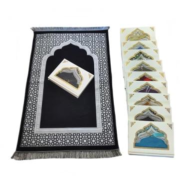 Imagem de WABIWABI@HOME Conjunto de presente Ramadã e Eid – Tapete de oração islâmica com contas Tasbih, tapete de oração premium em saco ou caixa de presente, ideal para homens e mulheres muçulmanos (preto