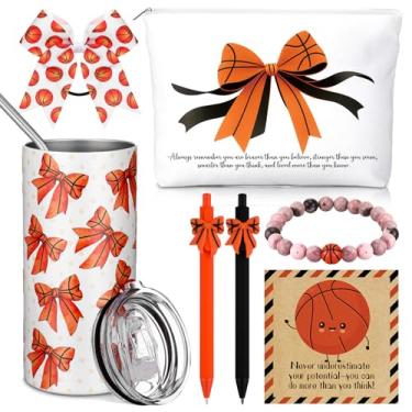 Imagem de Patelai 7 peças de presentes de basquete para meninas, incluindo copo de aço inoxidável de 400 ml, bolsa de maquiagem, pulseira de basquete, caneta esferográfica de cabelo com cartões inspiradores