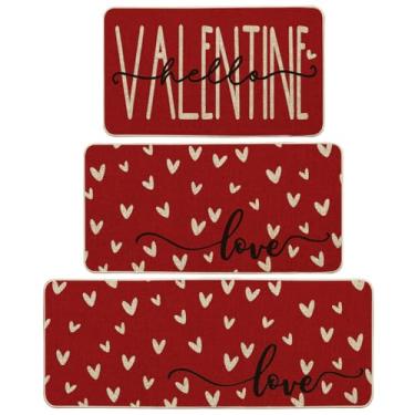 Imagem de Artoid Mode Conjunto de 3 tapetes de cozinha Red Love Heart Hello Valentine, decoração de casa, de perfil baixo - 43 cm x 73 cm + 43 cm x 91 cm + 43 cm x 119 cm
