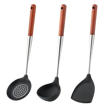 Imagem de FJNATINH Espátula de silicone – concha – conjunto de ferramentas de wok de aço inoxidável, antiaderente, resistente ao calor, utensílios de cozinha sem BPA, utensílios de cozinha com cabo de madeira