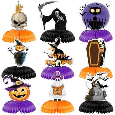 Imagem de Adeyoo Decorações de mesa de Halloween – 9 peças de centro de mesa para mesas de centro de mesa preto laranja favo de mel abóbora fantasma bruxa gato enfeite de mesa para artigos de festa de