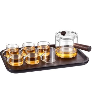 Imagem de Bokon Conjunto de chá chinês de gongfu com 8 peças, bule de chá de vidro canelado, portátil, com infusores, 6 copos de vidro transparente e bandeja de chá de gongfu de bambu para casa, viagem