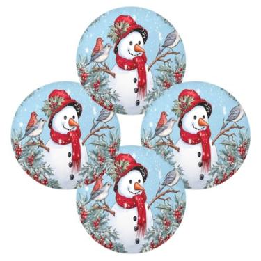 Imagem de Wassud Jogo americano conjunto de 4 tapetes redondos de boneco de neve e pássaro para cozinha e jantar tapetes laváveis resistentes ao calor para decoração de mesa 39 cm