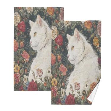 Imagem de CEBUGI Conjunto de 2 toalhas de banho - toalhas de algodão macio para lavar o rosto - toalhas de banho de mão para cuidados com a pele do banheiro | 41 x 71 cm | Rosas brancas de gato