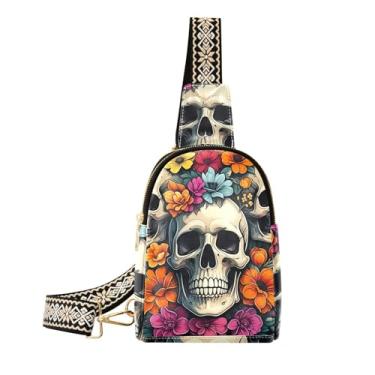 Imagem de CEBUGI Bolsa tiracolo feminina com estampa de flor de crânio pequena, bolsa de peito para caminhadas, viagens ao ar livre