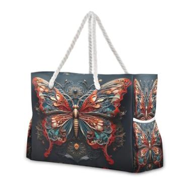 Imagem de Wassud Bolsa de praia grande borboleta mecânica bolsa de praia para mulheres, impermeável, à prova de areia, bolsa de viagem com zíper e bolso para piscina, academia, acampamento