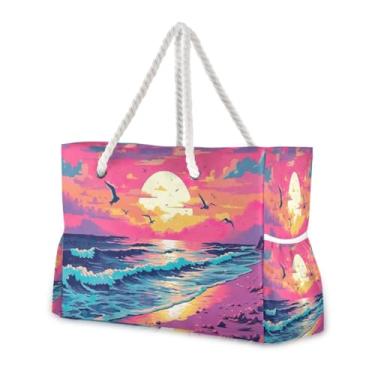 Imagem de Wassud Bolsa de praia grande para mulheres, linda praia com pássaros, impermeável, à prova de areia, bolsa de viagem com zíper e bolso para piscina, academia, acampamento