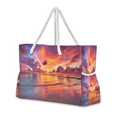 Imagem de Wassud Bolsa de praia vibrante pôr do sol grande bolsa de praia para mulheres, impermeável, à prova de areia, bolsa de viagem com zíper e bolso, piscina, academia, acampamento, bolsa