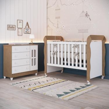 Imagem de Quarto de Bebê Berço Mini Cama Americano Cômoda com Porta Gabrielle Branca com Bétula Carolina Baby