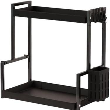 Imagem de Organizador Multiuso de Metal com 2 Andares, Preto, 45x22x41cm, para Cozinha e Área de Serviço, com Porta-Facas e Porta-Rolos