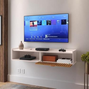 Imagem de Rack Suspenso Home Tv 32 42 50" 1 Porta Puxador Concha Decoração Sala Estar Quarto Pequeno(Decor - Off White/Ripado)