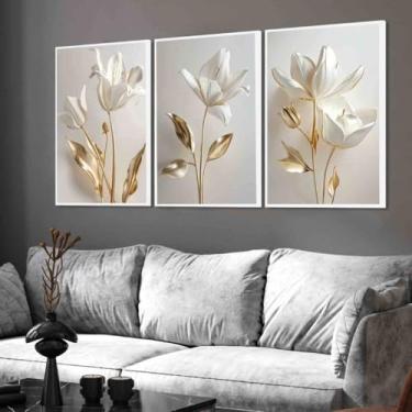 Imagem de Quadros Decorativos Flores Brancas Gold Clean Sala quarto luxo com Moldura (Moldura Branca, 60x80, Sem Vidro)