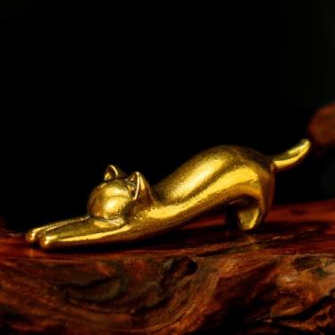 Imagem de CHOVY Escultura de gato esticável 100% latão sólido - estatueta colecionável retrô para escritório e casa minimalista art déco curioso vintage esticável estátua felina