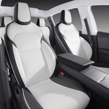 Imagem de Wekar Capas de assento de carro de couro Nappa compatíveis com 2025-2026 Tesla Model Y Juniper, design em dois tons, preto e branco, conjunto completo de ajuste personalizado, capas de almofada de