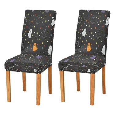 Imagem de Qilmy Conjunto de 2 capas elásticas para cadeira de jantar Halloween Boo, laváveis e removíveis, para sala de jantar, cozinha, hotel, banquete, festa, protetores de cadeira