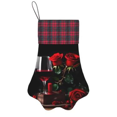 Imagem de SKKNT Rosa vermelha e vinho românticos amantes decoração impressão meias de Natal animais de estimação decoração de natal cães gatos árvore decoração doce presente conveniente