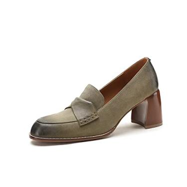 Imagem de TinaCus Sapato feminino de bico redondo de couro legítimo feito à mão salto médio grosso sem cadarço retrô, Verde militar, 35