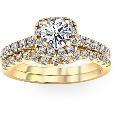 Imagem de Conjunto de alianças de noivado de halo de diamante 1 1/4 ct ouro amarelo 10k, Ouro amarelo 10K, Diamante branco