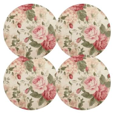 Imagem de Conjunto de 4 tapetes de mesa de jantar rosa vintage roses, laváveis, 38 cm, jogo americano de jantar de PVC, para mesa de jantar, mesa de cozinha