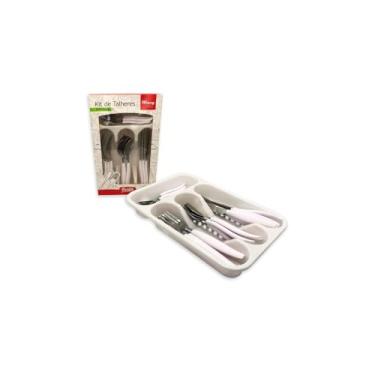 Imagem de Kit de Talheres em Inox com 25 Peças, Cinza, Polipropileno e Aço Inox, com Porta Talher, 6 Facas para Churrasco, 6 Garfos, 6 Colheres de Mesa, 6 Colheres de Chá