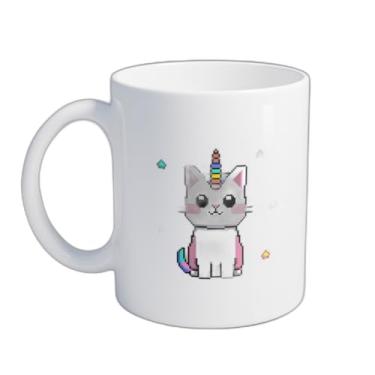 Imagem de Caneca Xícara de Café Porcelana 300ml Gatinho Unicórnio Desenho Pixel Art Rosa