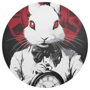 Imagem de Jogo americano redondo de PVC durável de 38 cm Relógio de coelho branco com 1, jogo americano à prova de calor para uso ao ar livre