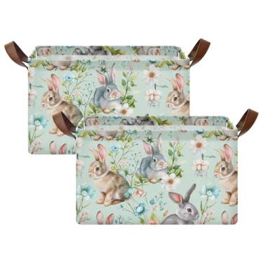 Imagem de Cesta dobrável para brinquedos de cachorro com alças, cesta de armazenamento de coelhos, flores da primavera, azul, organizador de toalhas para armário, pacote com 2