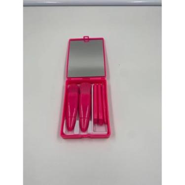 Imagem de Mini Espelho de Maquiagem Portátil com 5 Pincéis, Lupa e Design Dobrável para Bolsa(KIT 12 PINK)