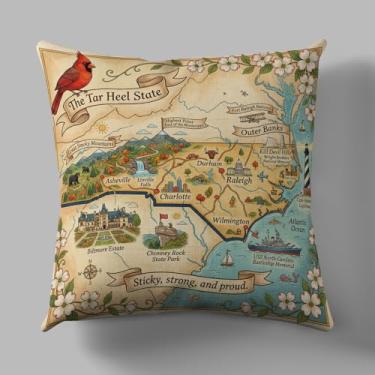 Imagem de DECOPOW Capa de almofada vintage do mapa da Carolina do Norte - Capa de almofada retrô com salto alcatrão aderente, forte e orgulhosa apenas 45,7 x 45,7 cm