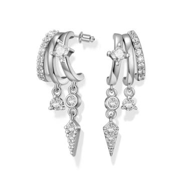 Imagem de Hefanny Brincos femininos empilhados triplos com corrente de ouro, brincos de zircônia cúbica fofa, joia delicada, presente, Medium, Cobre, Sem pedra preciosa