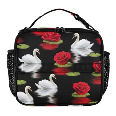 Imagem de Lancheira artística de cisnes brancas rosas vermelhas para mulheres, meninas, lancheira masculina e infantil, lancheira para trabalho, bolsa térmica para alimentos portátil para adultos