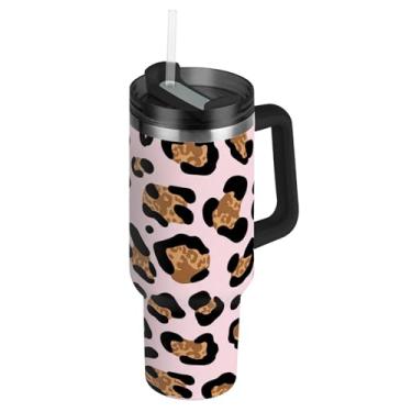 Imagem de Joisal Copo de 850 g com alça Copos de aço inoxidável com tampa e canudo Garrafas de água isoladas modernas carros xícara de café bebida quente leopardo manchas preto caramelo rosa macio