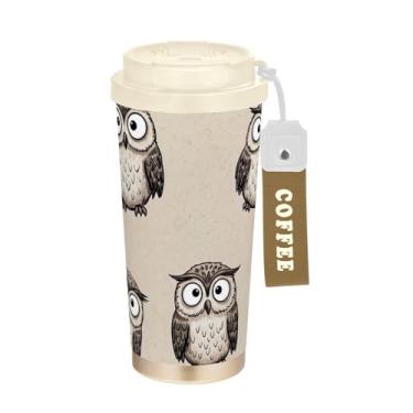Imagem de Linda estampa de coruja, caneca de viagem de café 40 ml com canudo e tampa, canecas de café de parede dupla isoladas a vácuo com revestimento cerâmico para escritório, escola, festa, acampamento