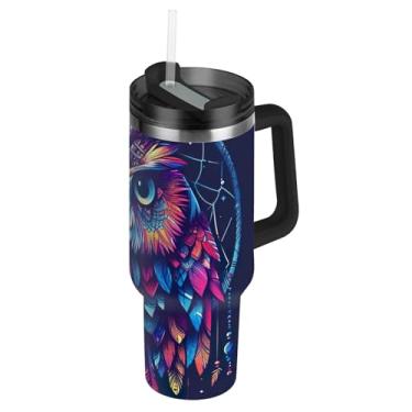 Imagem de Joisal Boho Owl Dreamcatcher Copos de penas com tampa e canudo Garrafa de água de aço inoxidável copo isolado com alça 850 g Caneca de café quente rosa para carros
