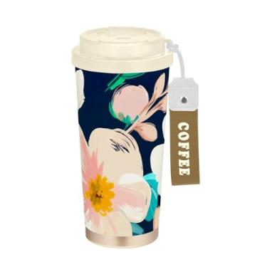 Imagem de TSENQUE Copo de café grande floral fofo de 473 ml com canudo e tampa, copo de parede dupla isolado a vácuo com revestimento cerâmico para escola, escritório, festa, acampamento
