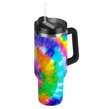 Imagem de Copos com tampa e canudos tie dye cores espirais copo rosa com alça 850 g garrafas de água fofas à prova de vazamento caneca de café quente de aço inoxidável isolada para carros
