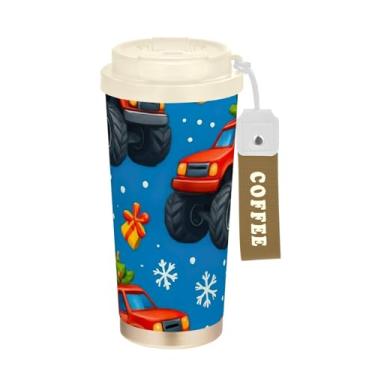 Imagem de TSENQUE Copo de café de viagem 473 ml com tampa de canudo e filp, copo de parede dupla isolado a vácuo com revestimento cerâmico, caminhão vermelho de Natal azul